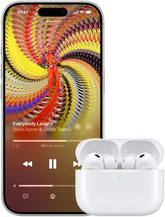 AirPods Pro 3 in MagSafe Charging Case, iPhone 17 Pro, Apple Music plays Everybody Laughs by David Byrne and Ghost Train Orchestra