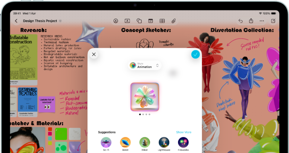 iPad Air, front exterior, landscape orientation, volume-up button, volume-down button, power button, screen displays a colourful app interface with various icons