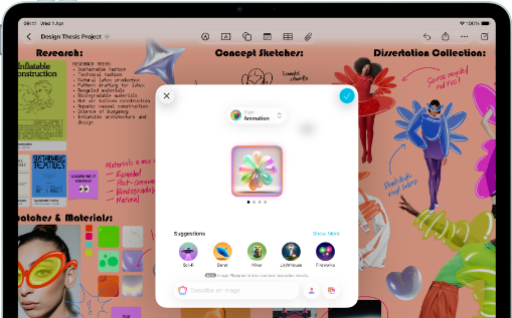 iPad Air, front exterior, landscape orientation, volume-up button, volume-down button, power button, screen displays a colourful app interface with various icons