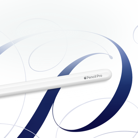 Apple Pencil Pro, white, shown on a white background with blue swirls