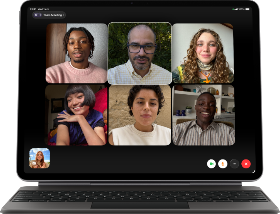 iPad Air, attached to Magic Keyboard, Black colour, Group FaceTime call on screen