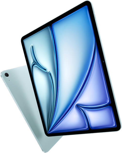Front angle of 13-inch iPad Air, colourful display on screen, 11-inch iPad Air with back exterior and 12MP Wide back camera