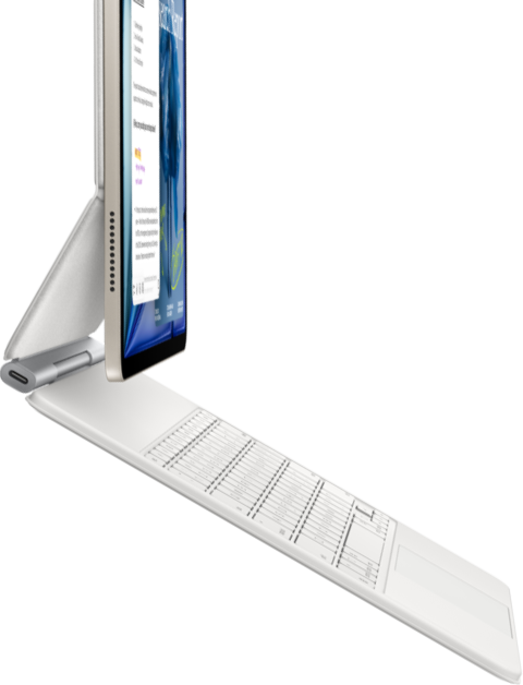 iPad Air, Starlight colour, attached to Magic Keyboard, white colour, side exterior