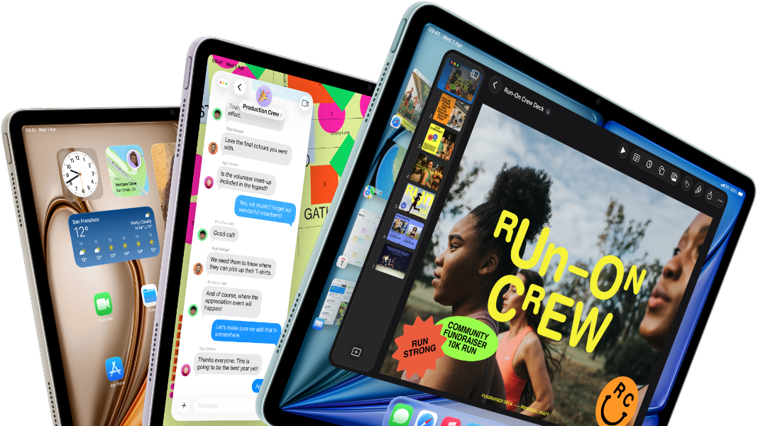 Three iPad Air displays in fan-like arrangement, colours: Blue, Purple, Starlight, front exterior, side exterior, apps on screen display include Keynote app, Messages and Home Screen