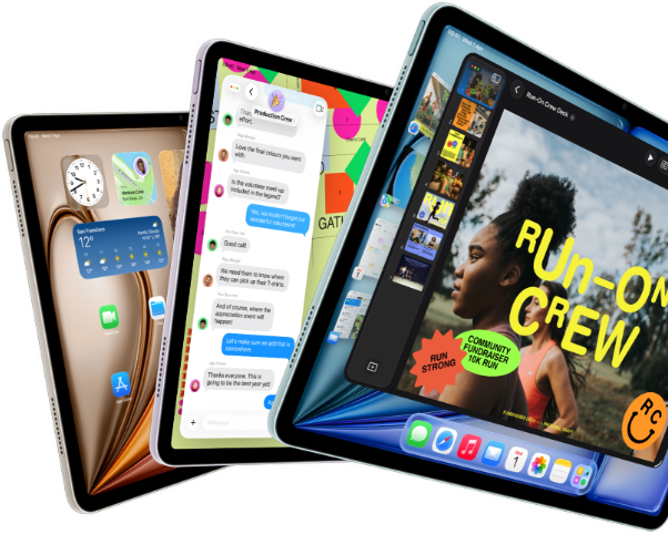 Three iPad Air displays in fan-like arrangement, colours: Blue, Purple, Starlight, front exterior, side exterior, apps on screen display include Keynote app, Messages and Home Screen