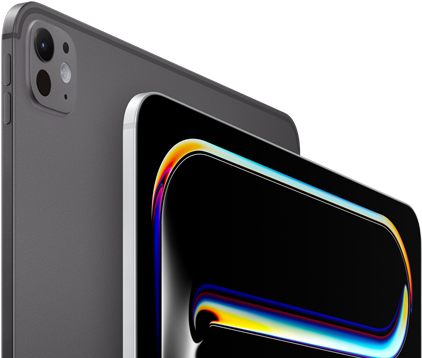 iPad Pro, back side exterior, space black colour, volume buttons and pro camera system, iPad Pro, front side exterior, silver colour, rounded corners, black display bezel, display showing black background with multicoloured abstract line art