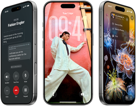 3 iPhone 17 Pro models, front exterior, side by side, demonstrating iOS 26, liquid glass effect and Apple Intelligence feature