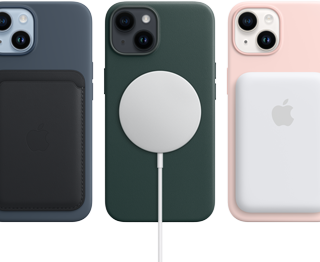 iPhone 14 MagSafe cases in midnight, forest green and chalk pink with MagSafe accessories, wallet, charger and a battery pack.