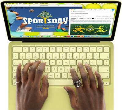 MacBook Neo, citrus colour, hands on keyboard, user is composing an email invitation to the opening of a sport event, website for the event open alongside