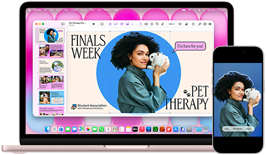 MacBook Neo, blush colour, next to iPhone, MacBook Neo screen shows presentation titled Finals Week Pet Therapy with photo of a person holding a rabbit, iPhone screen shows same photo, which has been turned into a sticker to use in presentation