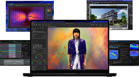 A variety of colourful screen content from music production, graphic design, 3D animation and photo editing apps on Mac, demonstrating powerful graphics performance