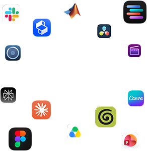 Various app glyphs are arranged around text that reads: Apps fly on macOS