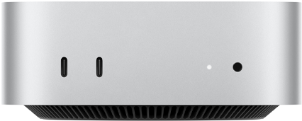 Mac mini, front, two Thunderbolt ports, status indicator light and headphone jack, tapered black base at bottom, flat top, rounded sides, straight edges, silver colour