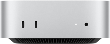 Mac mini, front, two Thunderbolt ports, status indicator light and headphone jack, tapered black base at bottom, flat top, rounded sides, straight edges, silver colour