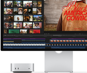 Mac mini paired with Studio Display, screen shows a title screen from a film called Black American Cowboy on the right, several image stills on the left