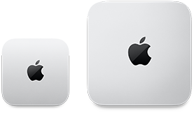 Two Mac mini devices, top, silver aluminium, rounded corners, glossy black Apple logo centred, device on left is updated release and less than half the size of device on right