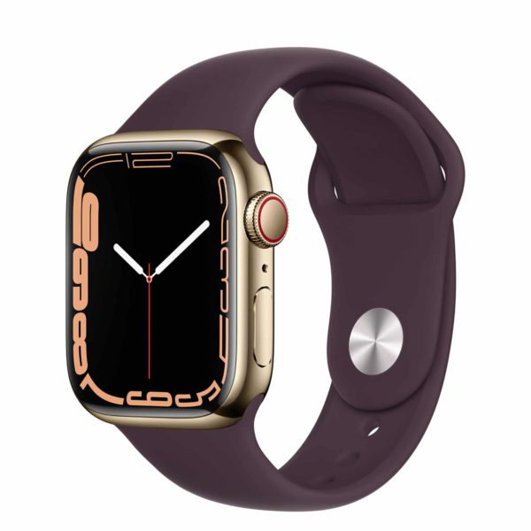 Apple Watch Series 7 GPS + Cellular with Gold Stainless Steel Case and Dark Cherry Sport Band