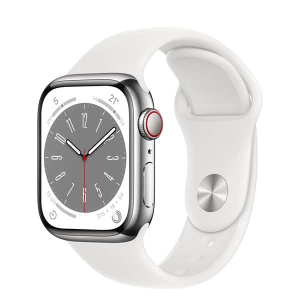 Apple Watch Series 8 GPS + Cellular Silver Stainless Steel Case with White Sport Band