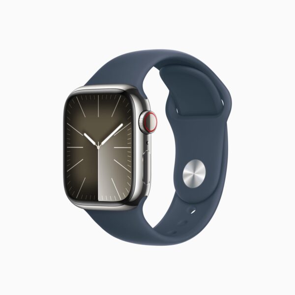 Apple Watch Series 9 GPS + Cellular Silver Stainless Steel Case with Storm Blue Sport Band