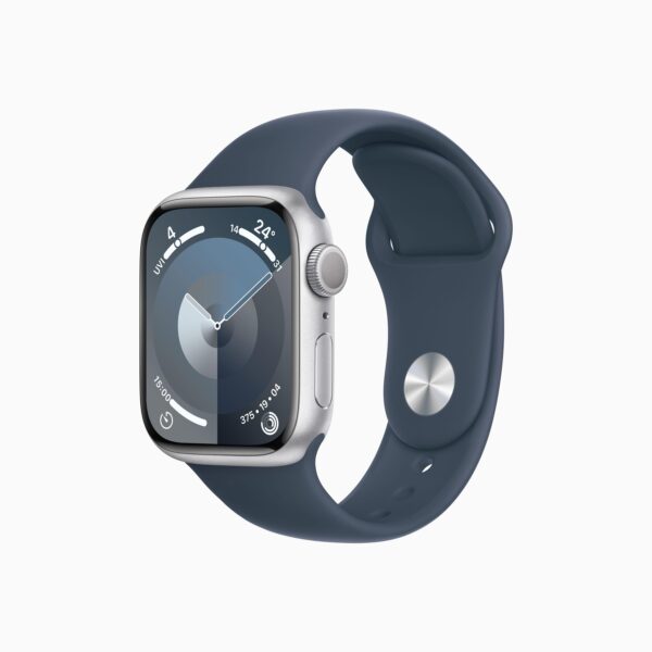 Apple Watch Series 9 Silver Aluminium Case with Storm Blue Sport Band