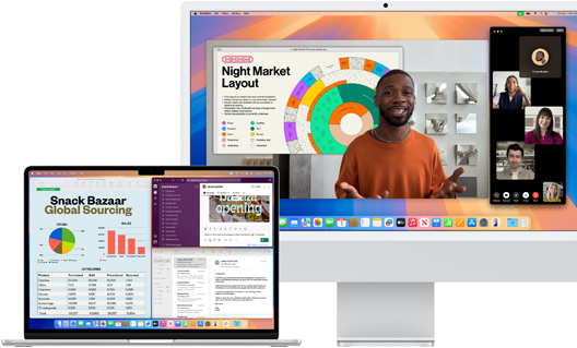 An open 15-inch MacBook Air in Silver running Mail, Numbers and Slack, next to a 24inch iMac showing a person giving a Keynote presentation on FaceTime